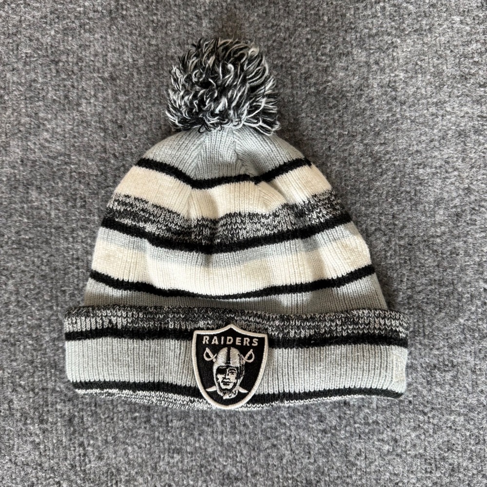 Las Vegas Raiders New Era Beanie Pom Pom Knit Hat NFL Football‎ Striped One Size